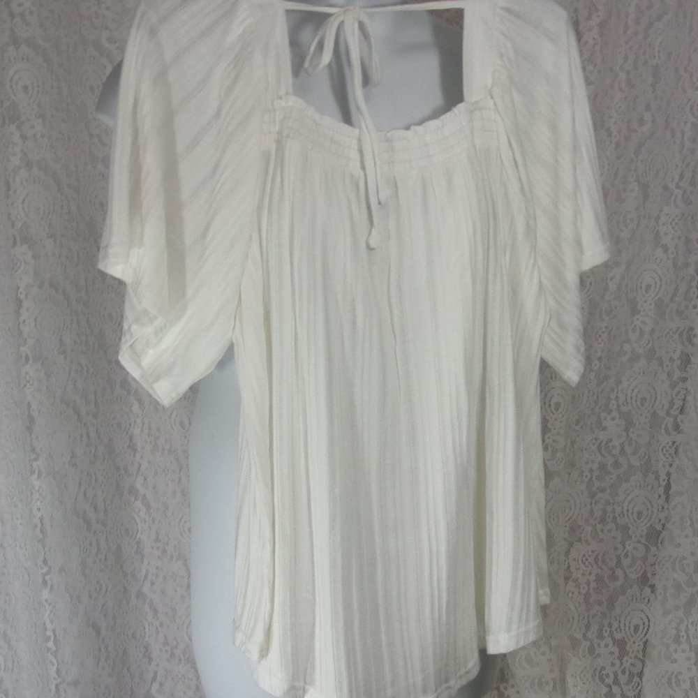 Cato Knit Top Blouse Off White Shirred Front Square Neck NWT